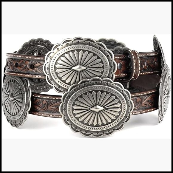Genuine Leather Tooled Belt with Silver Oval Concho main image 4